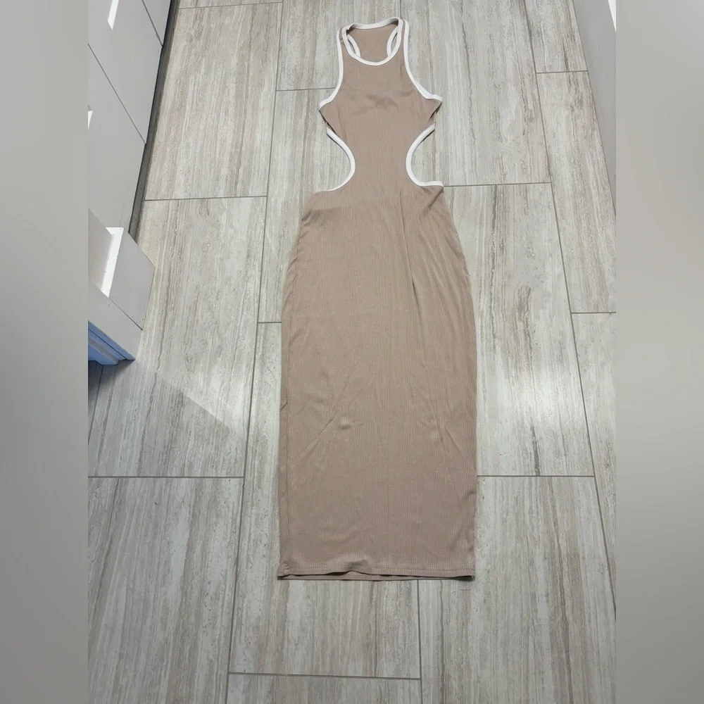 Amazon Women’s Tan White Cut Out Maxi Body Con Dress - Picture 2 of 4